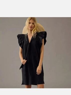 Anthropologie Malibu Creek Dress Black Flutter-Sleeve V-Neck